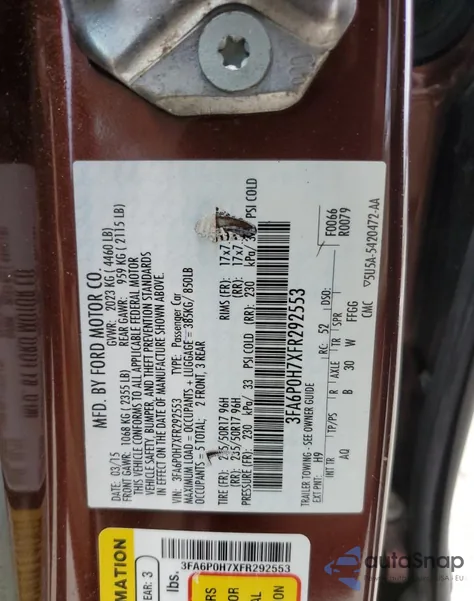 2015 Ford Fusion Se z USA, uszkodzony, nr VIN 3FA6P0H7XFR292553